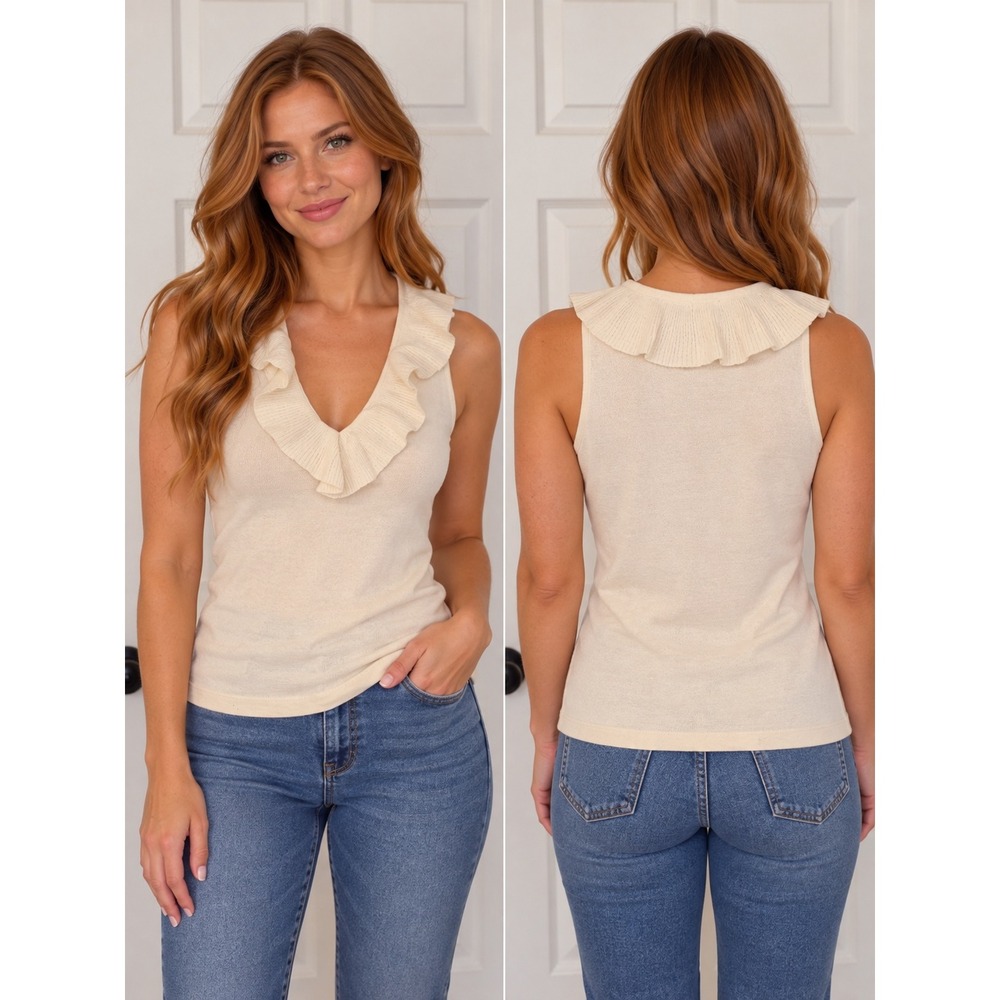 Ann Taylor Cashmere Ruffle V-Neck Sweater Tank Cream Ivory XSP PXS